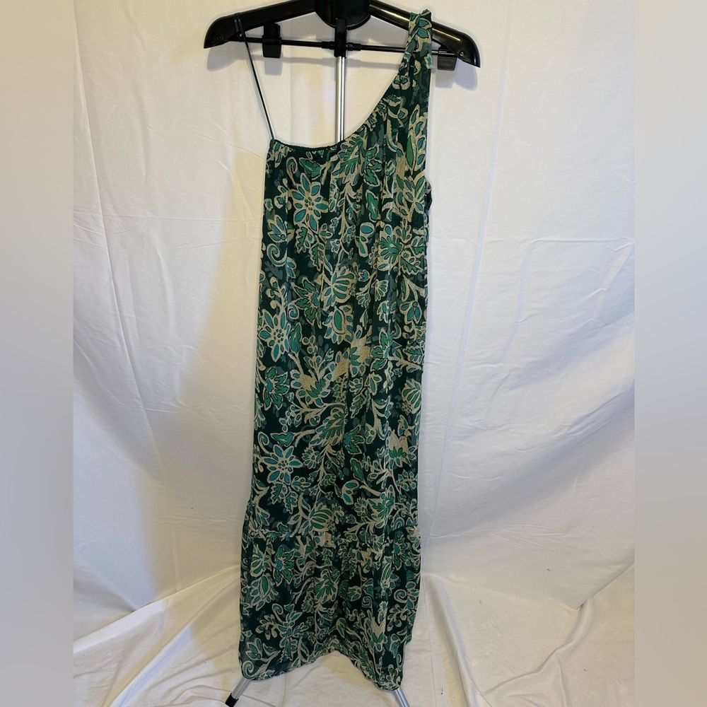 LOFT Teal and Cream Patterned One Shoulder Dress